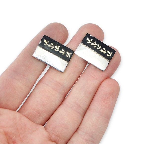 Vintage Sterling Silver Damascene Cufflinks Black Enamel Rectangle Cuff Links - Picture 2 of 6